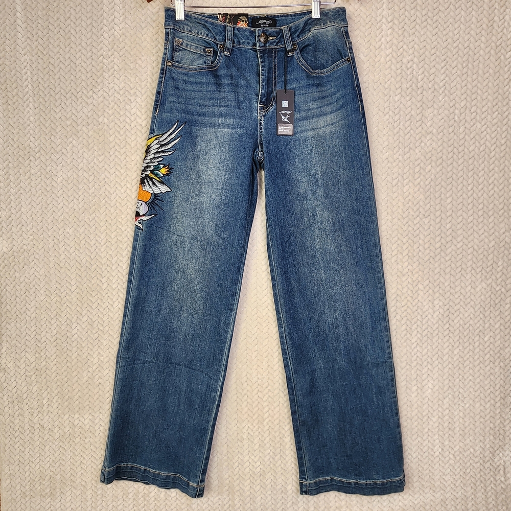 Ed Hardy Wide-Leg Jeans Embroidered Tattoo Graphic Mens Sz 28 WEHD8300-2 NWT - Picture 2 of 16